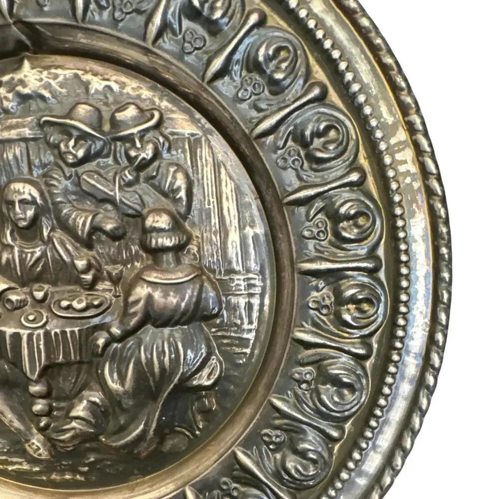 Mid Century Peerage English Brass Hammered Art Plate Pub Scene